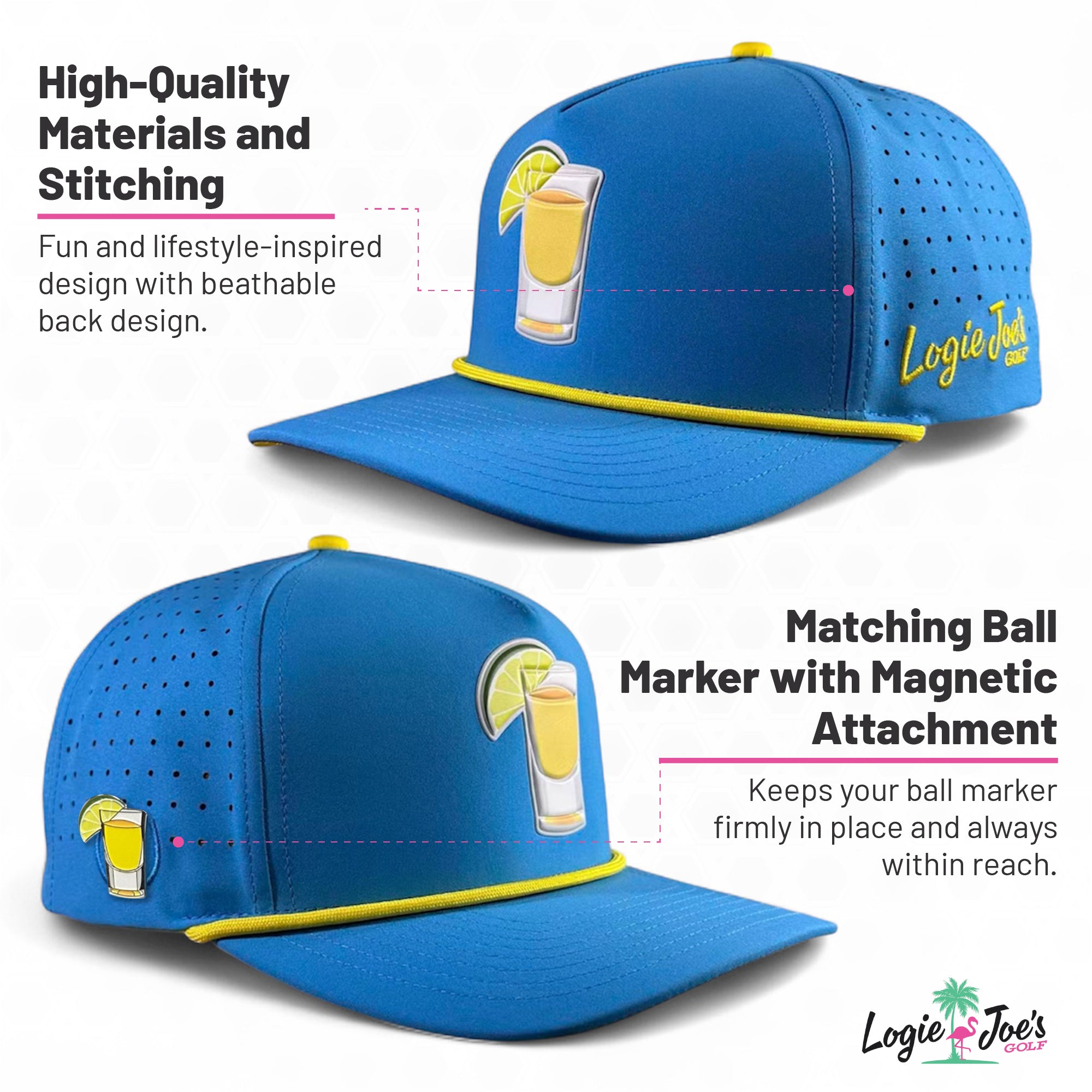 Breakfast Ball Golf Hat | Snapback Cap | Built-in Magnetic Ball Marker Holder + Marker Included | Breakfast Ball | Adjustable | Mulligan Tan