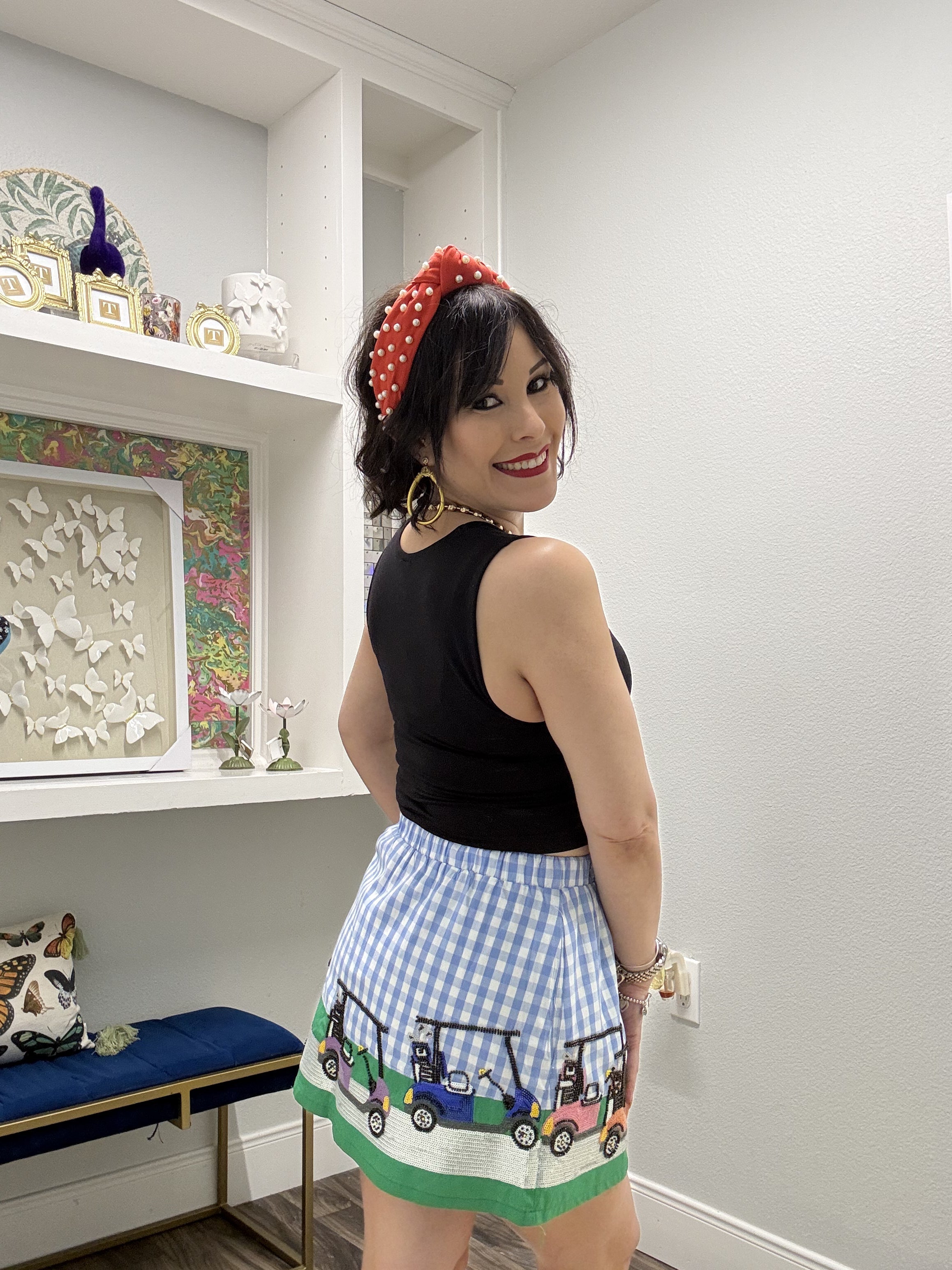 QOS Blue & White Gingham Golf Cart Skort